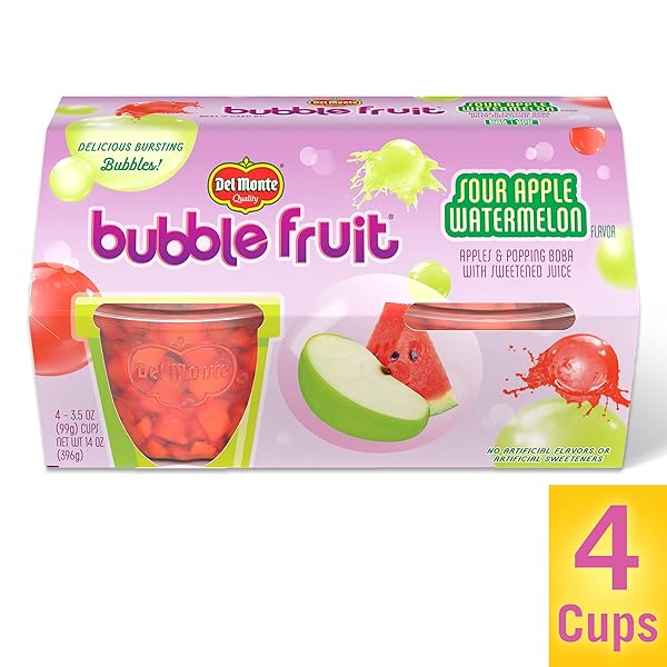 DEL MONTE BUBBLE FRUIT SOUR APPLE WATERMELON FRUIT CUP SNACKS, 3.5 OZ (PACK OF 1, 4 COUNT)