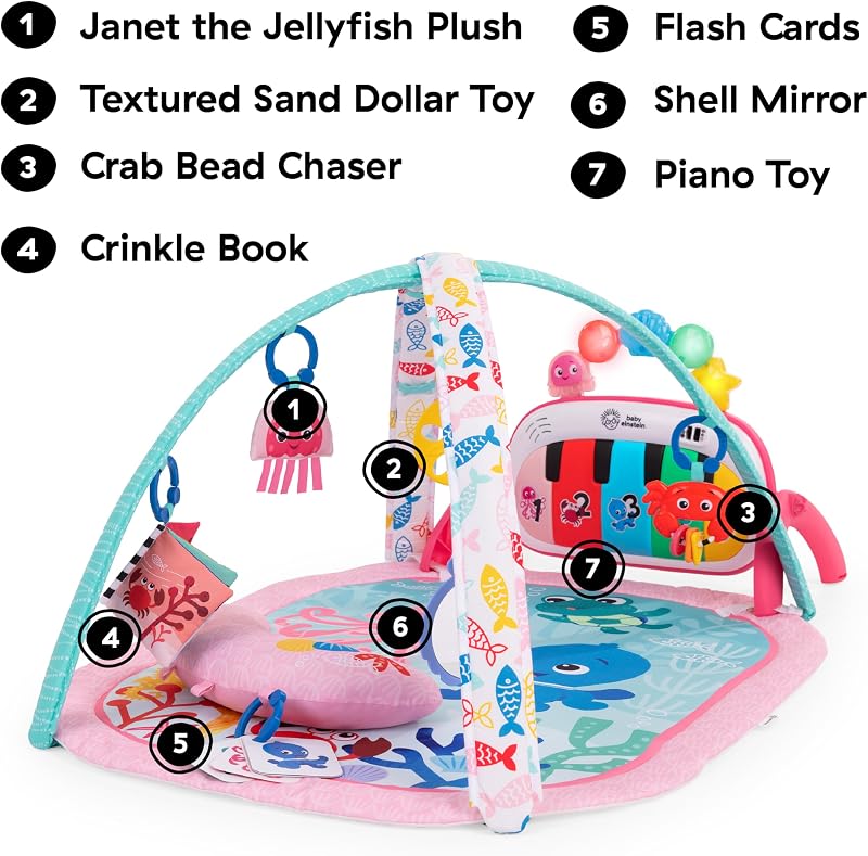 Baby Einstein, Ocean Explorers 4-em-1 Baby Gym - Baby Carpet Kick Jogos de Piano, Música e Descoberta de Linguagem, Brinquedos Sensoriais, Recém-Nascido +, Rosa