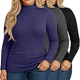 Riyiper 3 Pack Women's Ribbed Plus Size Mock Turtleneck Tops, Long Sleeve Slim Fit T-Shirts Pullover Sweater Basic Layer Top