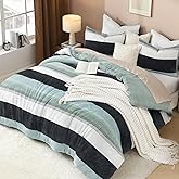 Litanika Fluffy Fleece Queen Comforter Set, Luxury Soft Plush Fuzzy Sage Green Stripe Bedding Comforter Sets, Warm Shaggy Faux Fur Bed Set All Season (1 Comforter, 2 Pillowcases)