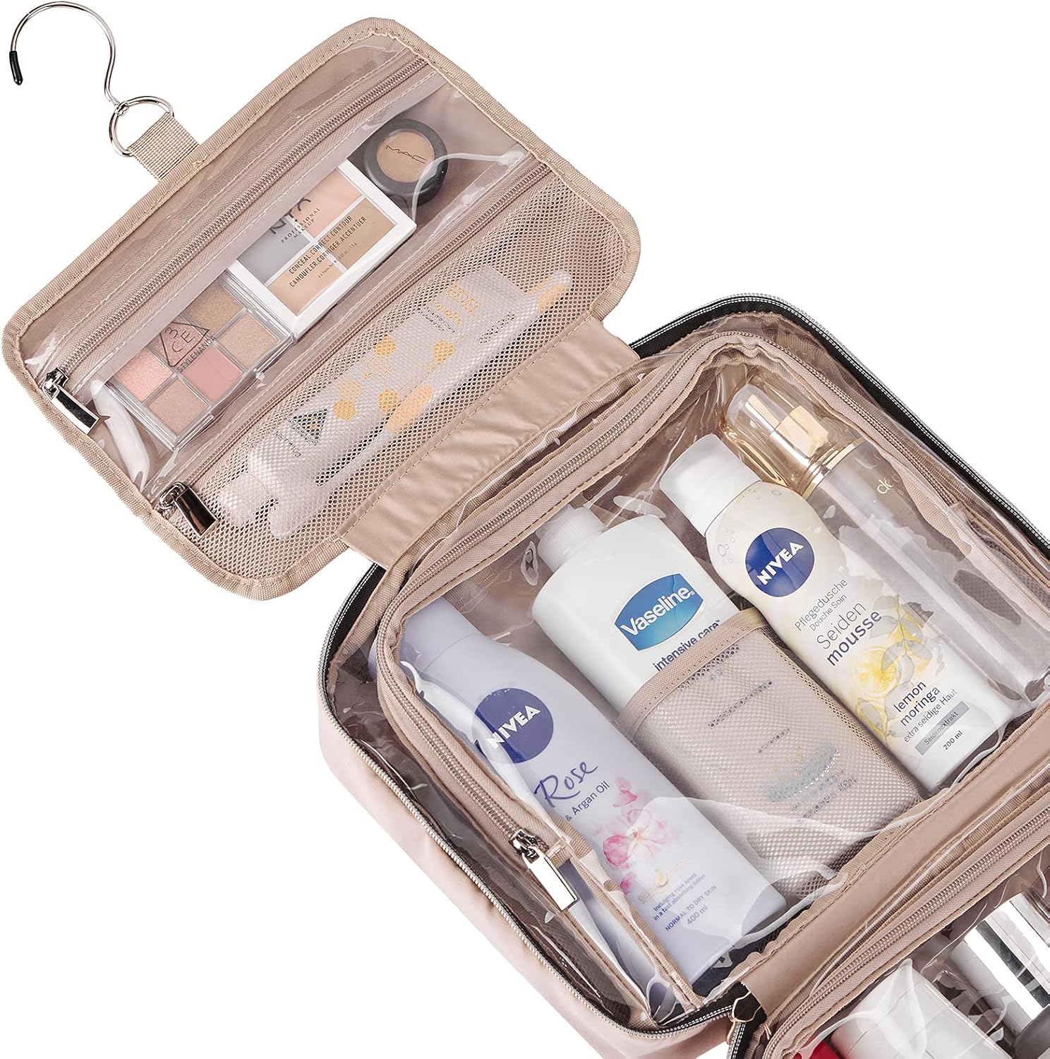 NISHEL 4 Sections Hanging Travel Toiletry Bag Organizer, Water Resistant Large Makeup Cosmetic Case for Bathroom Shower, Pink: Clothing