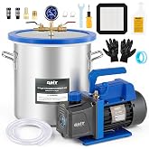 OMT 5 Gal Vacuum Chamber &amp; 3.5 CFM Pump Kit for Resin Degas, Blue | Safe Overheat Protection. 1/4HP Pump Pulls to 37.5 Microns. SS Pot with 0.5" Tempered Glass Lid. 5ft Hose Included