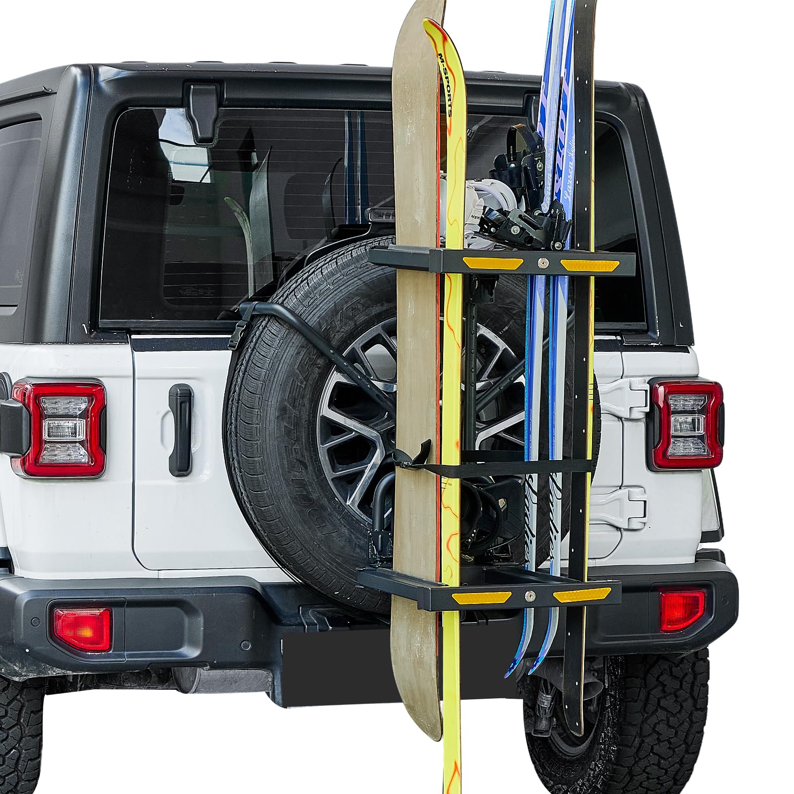 Photo 1 of JOYTUTUS Spare Tire Ski Snowboard Rack with Security Lock Folding for Wrangler Gladiator Bronco SUV, Max Load 6 Pairs of Skis or 4 Snowboards