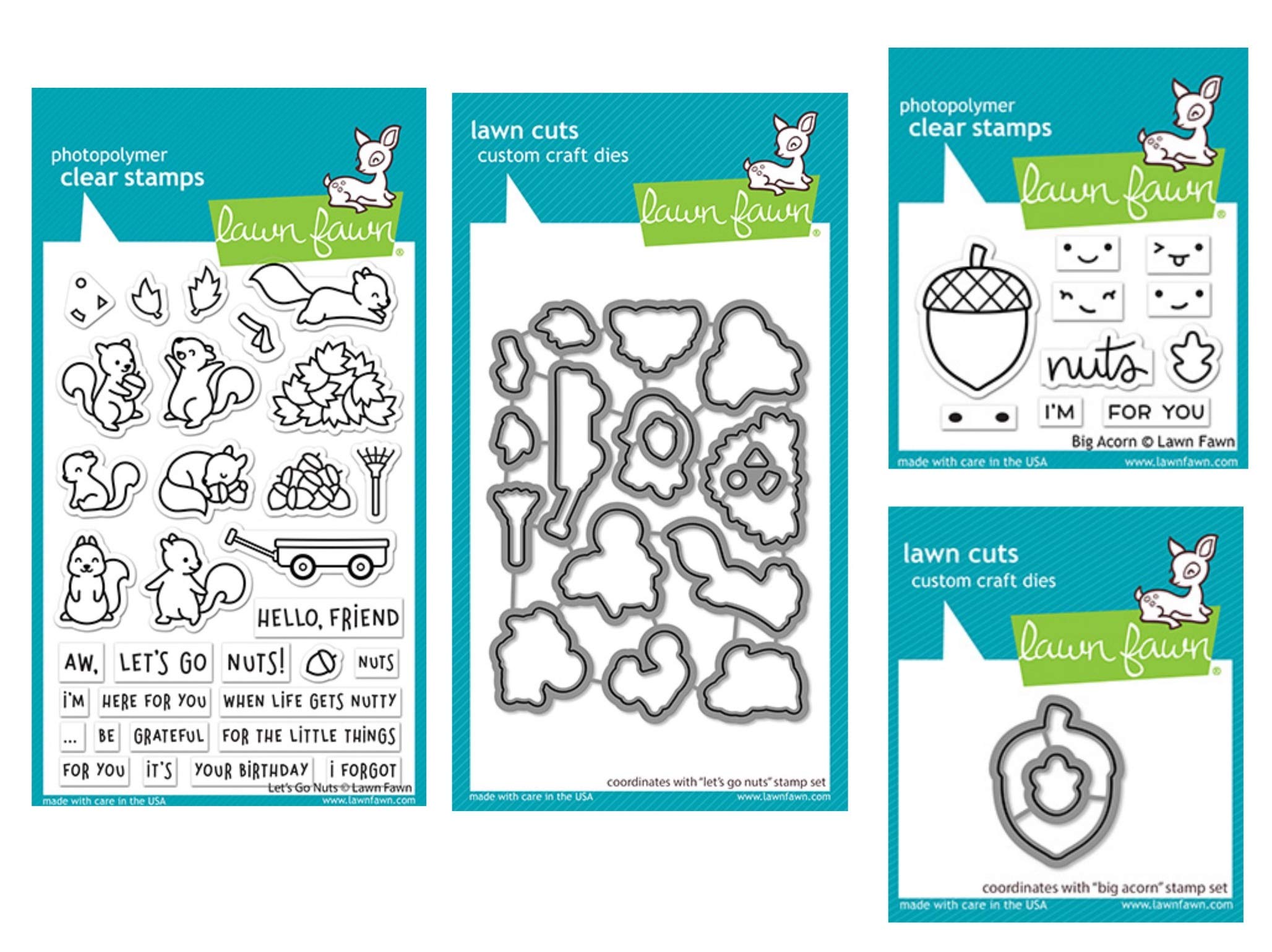 Lawn Fawn Lets Go Nuts and Big Acorn Clear Stamp Sets (2) and Coordinating Die Sets (2), Bundle of 4 Items, LF2403, LF2404, LF2407, LF2408