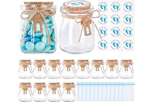 KIVIVO 12 Pcs Baby Shower Party Favors for Guests, Baby Shower Gifts for Guest, 3.4 oz Small Glass Mason Jars with Cork Lids, Stickers, Label Tags, Twine, Organza Bags, Mini Candy Jar Favors for Boy