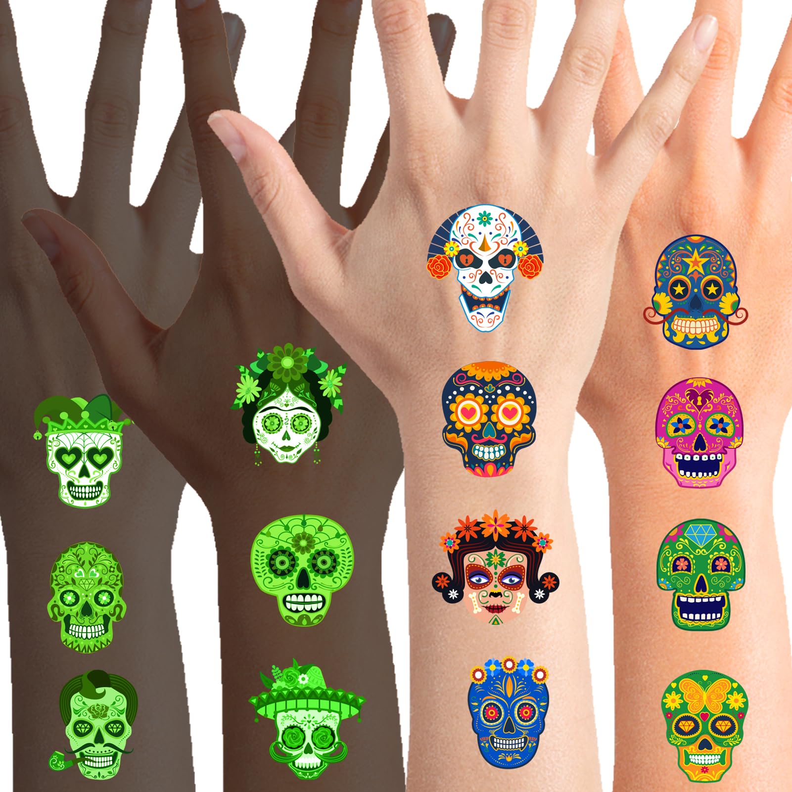 Qpout 96pcs Day of the Dead Sugar Skull Glow in Dark Temporary Tattoos for Kids,Halloween Dia De Los Muertos Waterproof Fake Skeleton Sugar Skull Tattoos Stickers, Mexican Luminous Tattoo Sticker