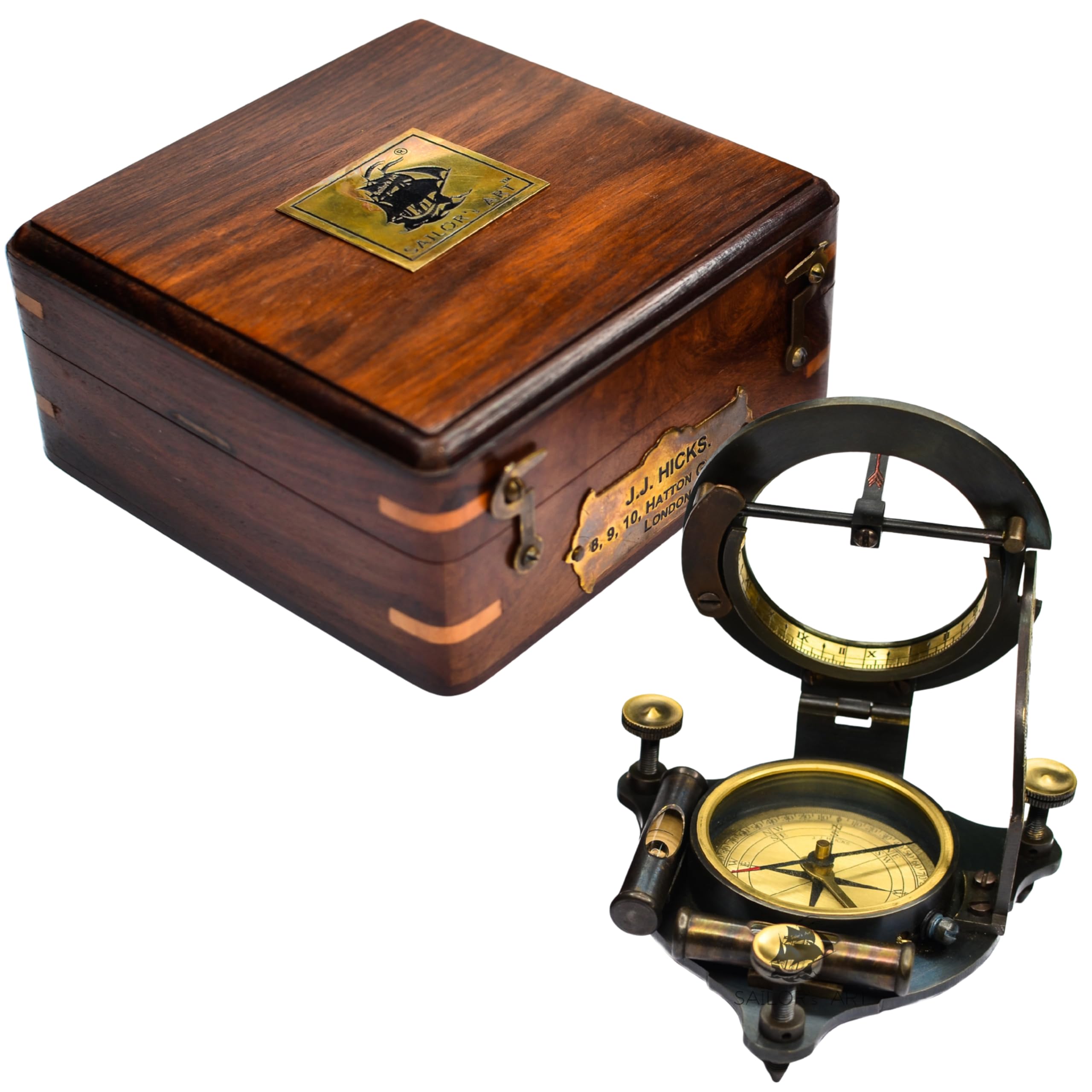 SAILOR'S ART Antique Brass Heavy Sundial Compass with Wooden Box and Chart | Working | J.J.Hicks London Material-Brass and Wood