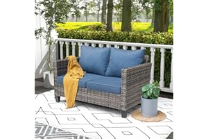 ovios Patio Loveseat Sofa Couch, 2-Seats Outdoor Wicker Rattan Sofa, All Weather High Back Deep Seat Patio Seating with Comfy Cushions for Porch Garden Deck, Denim Blue