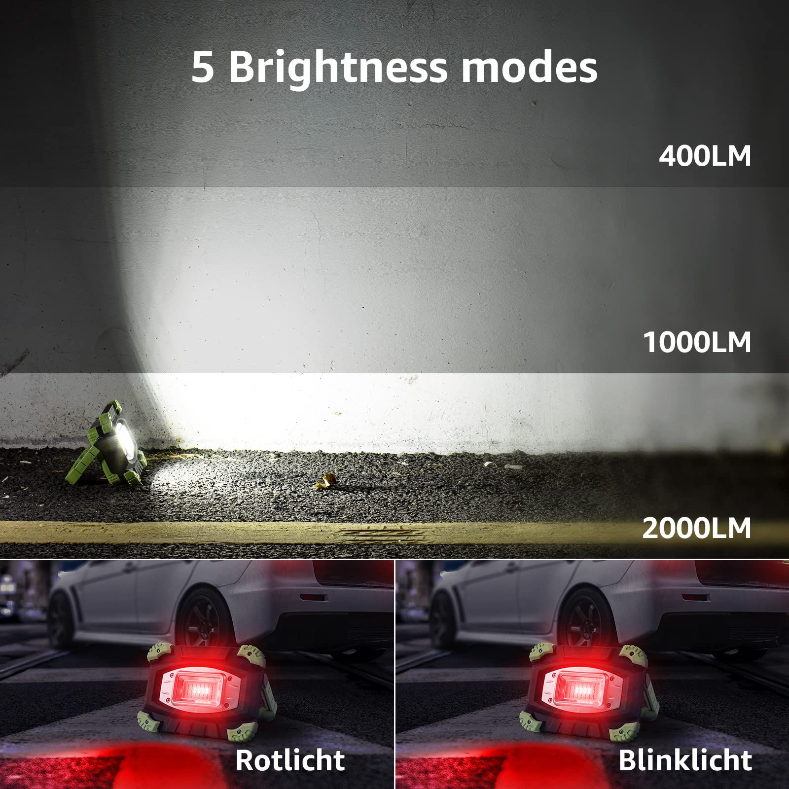 Lepro Led Akku Strahler, Wiederaufladbare Campinglampe aus Aluminium, 20W 2000 Lumen Arbeitsleuchte mit 5 Beleuchtungsmodi und 5200 mAh Powerbank, für Notfall, Camping 3