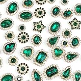 50 PCS Sew on Rhinestones Mixed Shapes Glass Green Rhinestones Sew on Crystal Gems Mental Flatback with Gold Claw for Jewelry Crafts Clothes DIY Craft Shoes Dress Jewelry Making