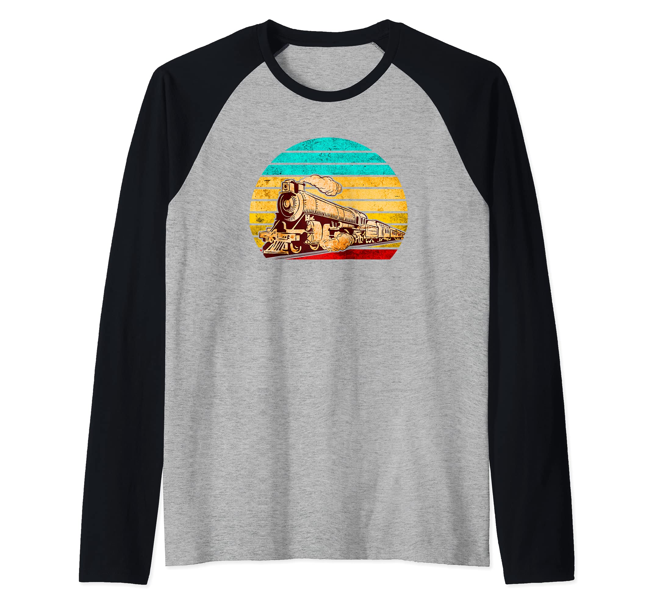 Vintage Steam Locomotive and Sunset Steam Train Railroad Raglan Baseball Tee