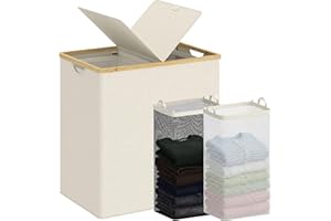 efluky Laundry Hamper with Lid, Double Laundry Hamper with 2 Removable Bags, 2 Section Laundry Basket with Bamboo Handles for