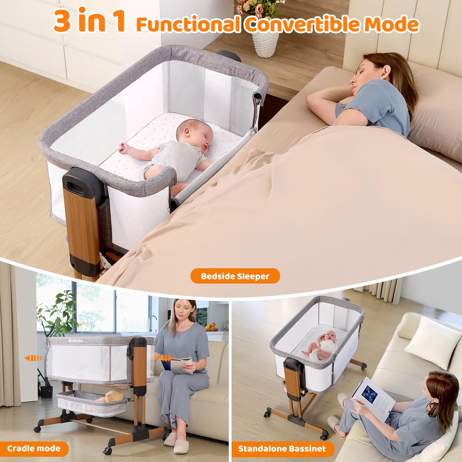 Ezebaby 3-in-1 Rocking Bassinet for Baby Adjustable Baby Bassinets Bedside Sleeper with Wheels Storage Basket and Mesh Sides for Newborn Infant