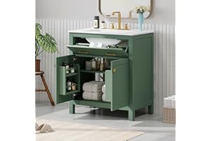 Linique 30" Bathroom Vanity with Sink Combo Set, Solid Wood Frame Modern Bathroom Storage Cabinet with a Tip-Out Drawer, a Adjustable Shelf and 2 Soft Closing Cabinet Door with Organizer, Green