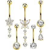 MS CUTE 5PCS Belly Button Rings for Women 14G Dangle Navel Piercing Jewelry Set Surgical Stainless Steel Body Jewelry with CZ Butterfly Flower Teardrop Barbell for Beach Festival Daily