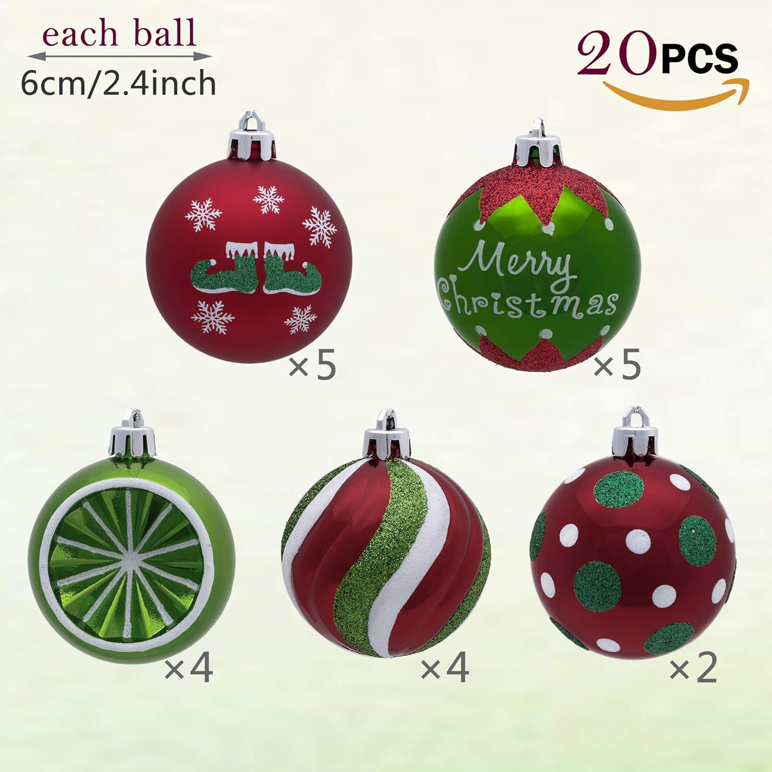 Victor's Workshop Christmas Baubles Set 20pcs 60mm, Red Green and White Christmas Ball Ornaments for Xmas Tree Decorations - Image 4
