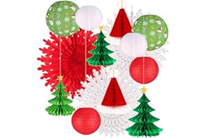 UNIQOOO 14PCS Assorted 3D Christmas Honeycomb Paper Lantern Decoration Garland Set,Celling Hanging Tissue Pine Tree Star, Santa Hat,Snowflake Fan,Japanese Lanterns for Holiday XMAS Party Banner Supply