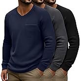 Baggyfly 3 Pack Men's Waffle Shirts Long Sleeve V Neck Raglan Sleeve Knit Tops Casual Thermal Undershirts with Pocket Regular
