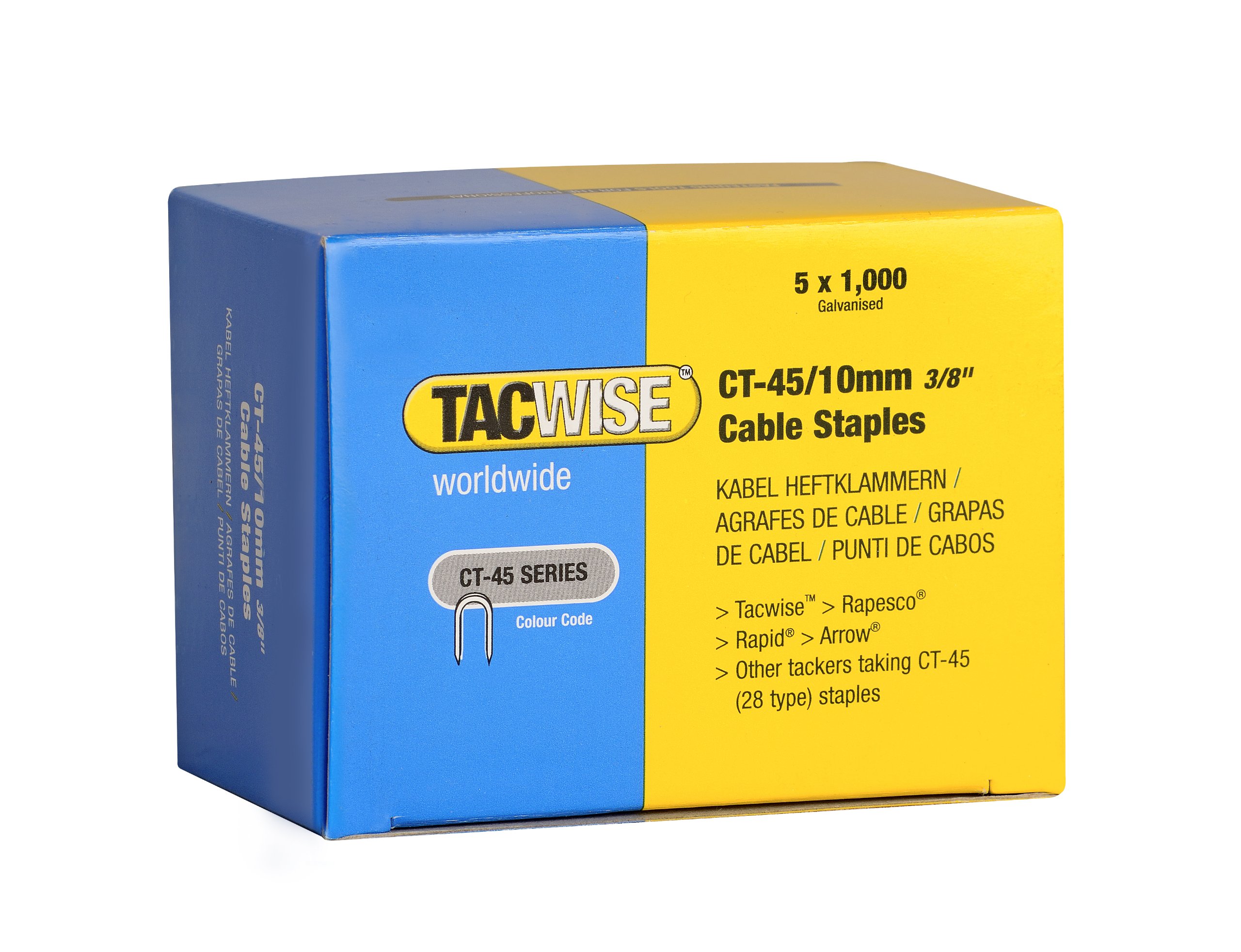 Tacwise 0352 Type CT-45 / 10 mm Galvanised Steel Cable Staples, Divergent Point, Pack of 5000