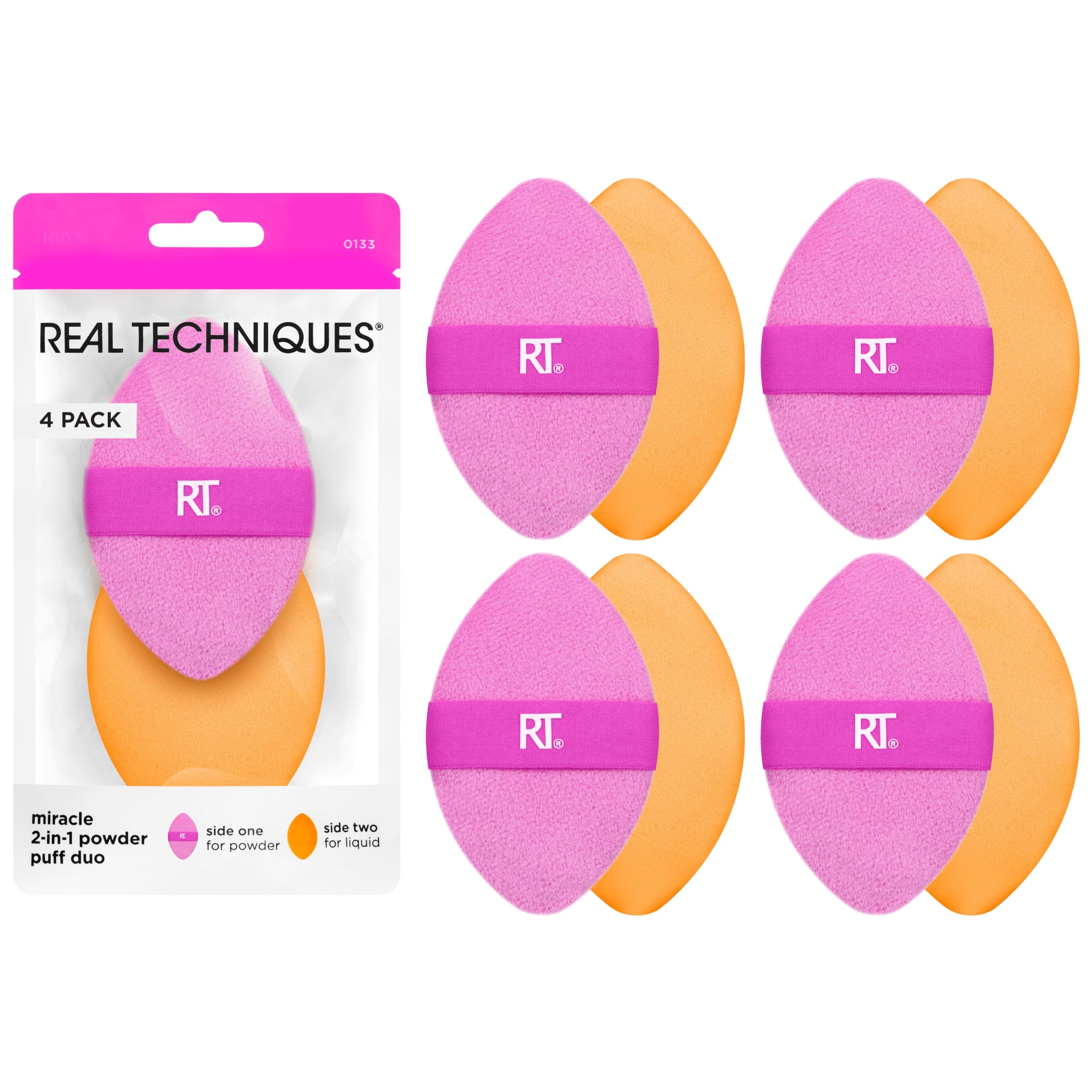 Real Techniques 4 Pack Miracle 2-in-1 Puffs, Dual-Sided Blending Sponge with Reversible Band for Liquid, Cream or Powder Makeup
