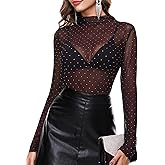 BBX Lephsnt Womens Sheer Mesh Layering Top Sparkle Long Sleeve Shirts Mock Neck See Through Tee Shirt