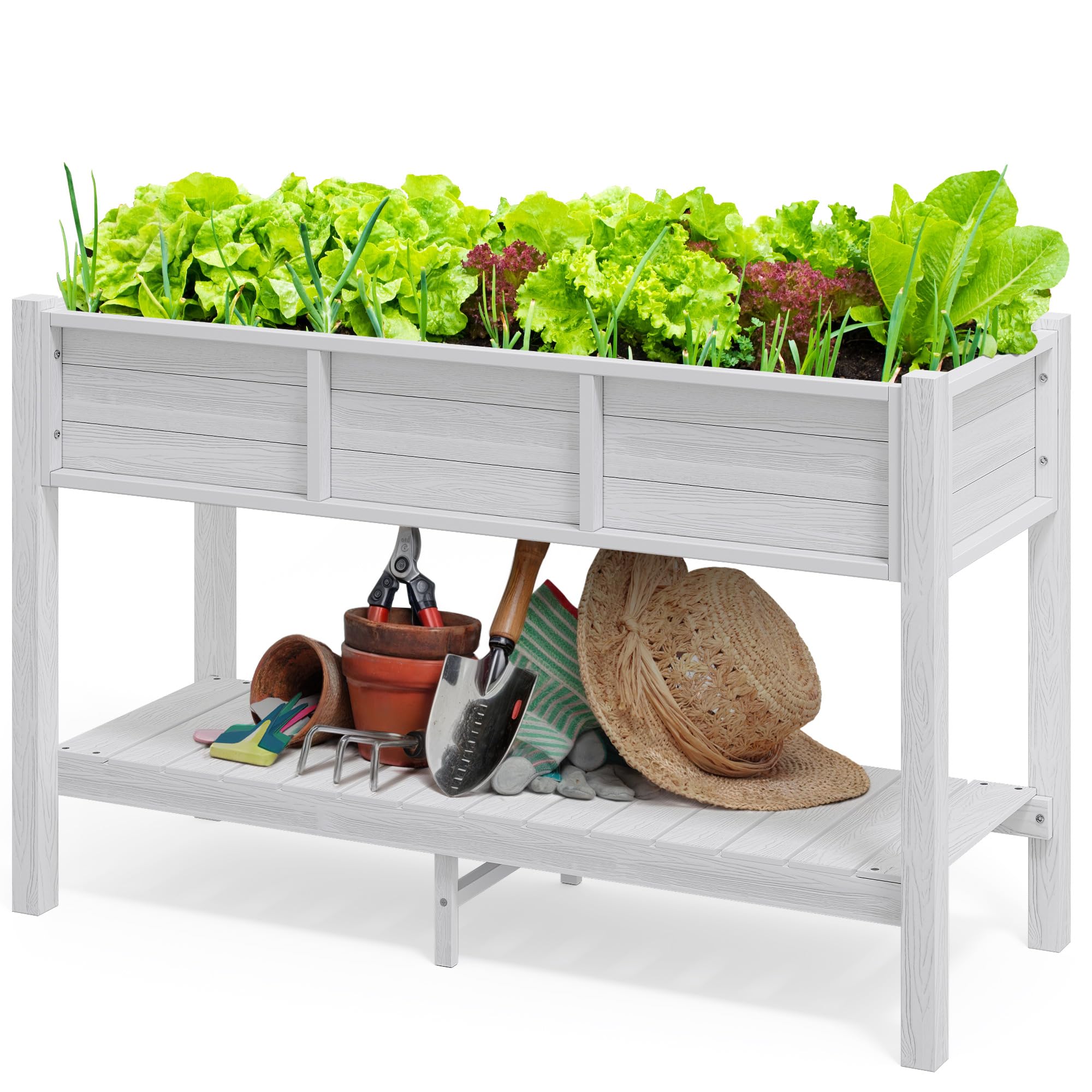 Photo 1 of DWVO 48x18x30in Raised Garden Bed, Poly Wood Planter Box Stand,Weather Resistant Planter Box with Legs & Storage Shelf, Elevated Garden Bed for Backyard, Patio, Balcony,White