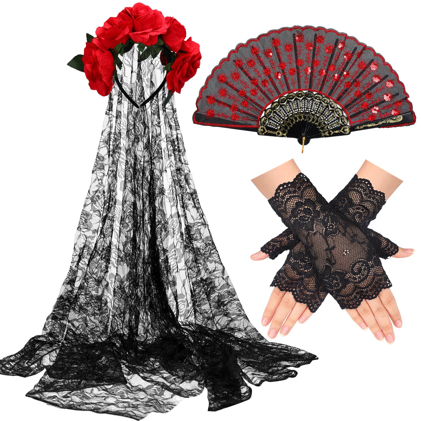 Photo 1 of Janinka 3 Pcs Day of the Dead Costume Accessories for Women Rose Flower Headband Veil, Short Lace Gloves and Embroidered Sequins Fabric Folding Fan Halloween Party CostumeLPNPMEQ0728640
