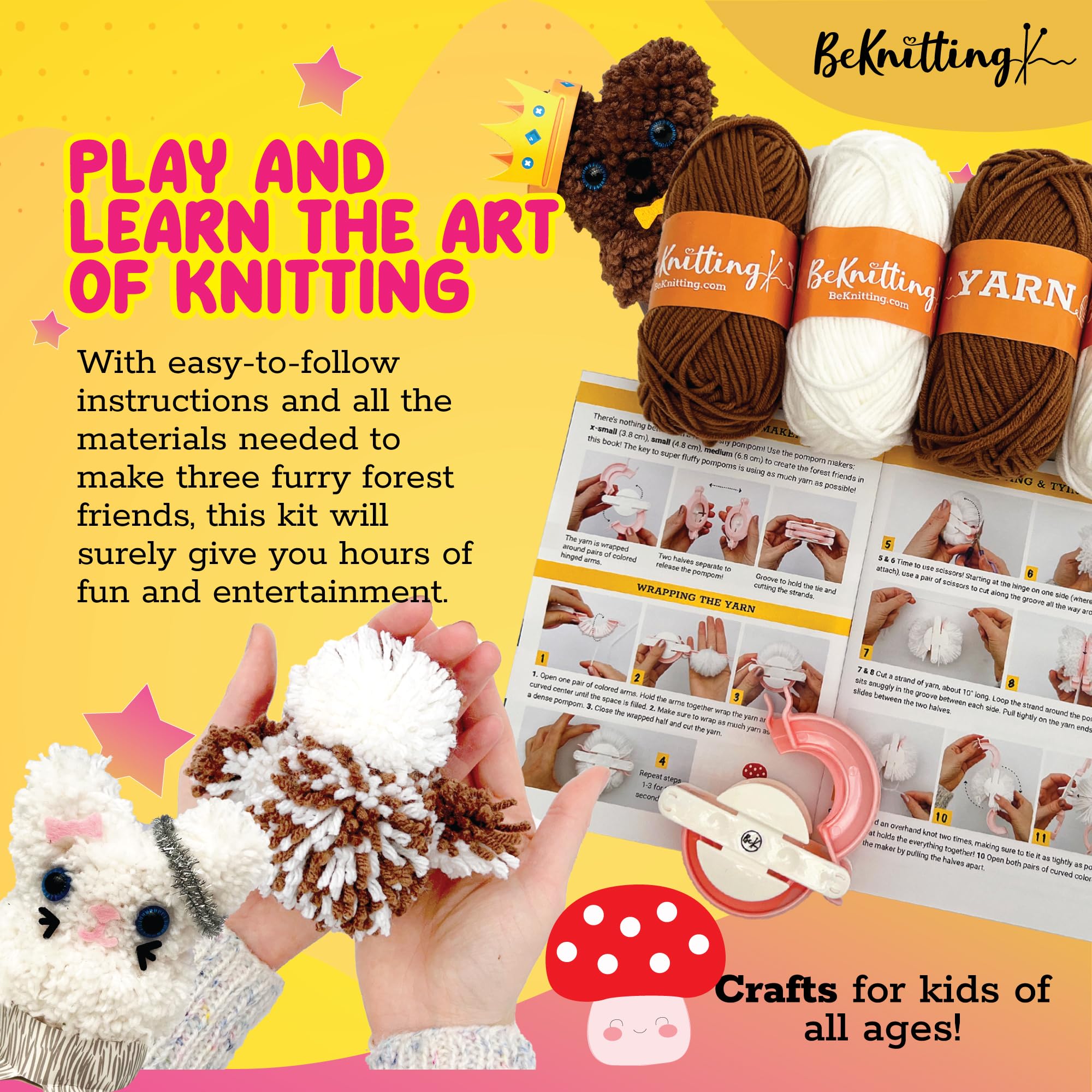 BeKnitting Pompom Maker DIY Craft Kit for Kids - Complete with Yarn, Pom pom Makers, & Stickers
