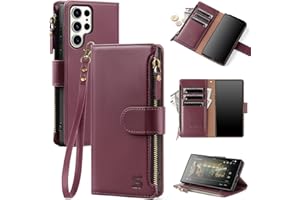 Shieldtop Compatible with Samsung Galaxy S25 Ultra Wallet Case with Card Holder,Women Men RFID Blocking PU Leather Flip Cover Wrist Strap Zipper Credit Card Slots,Phone Case for S25 Ultra,Wine Red
