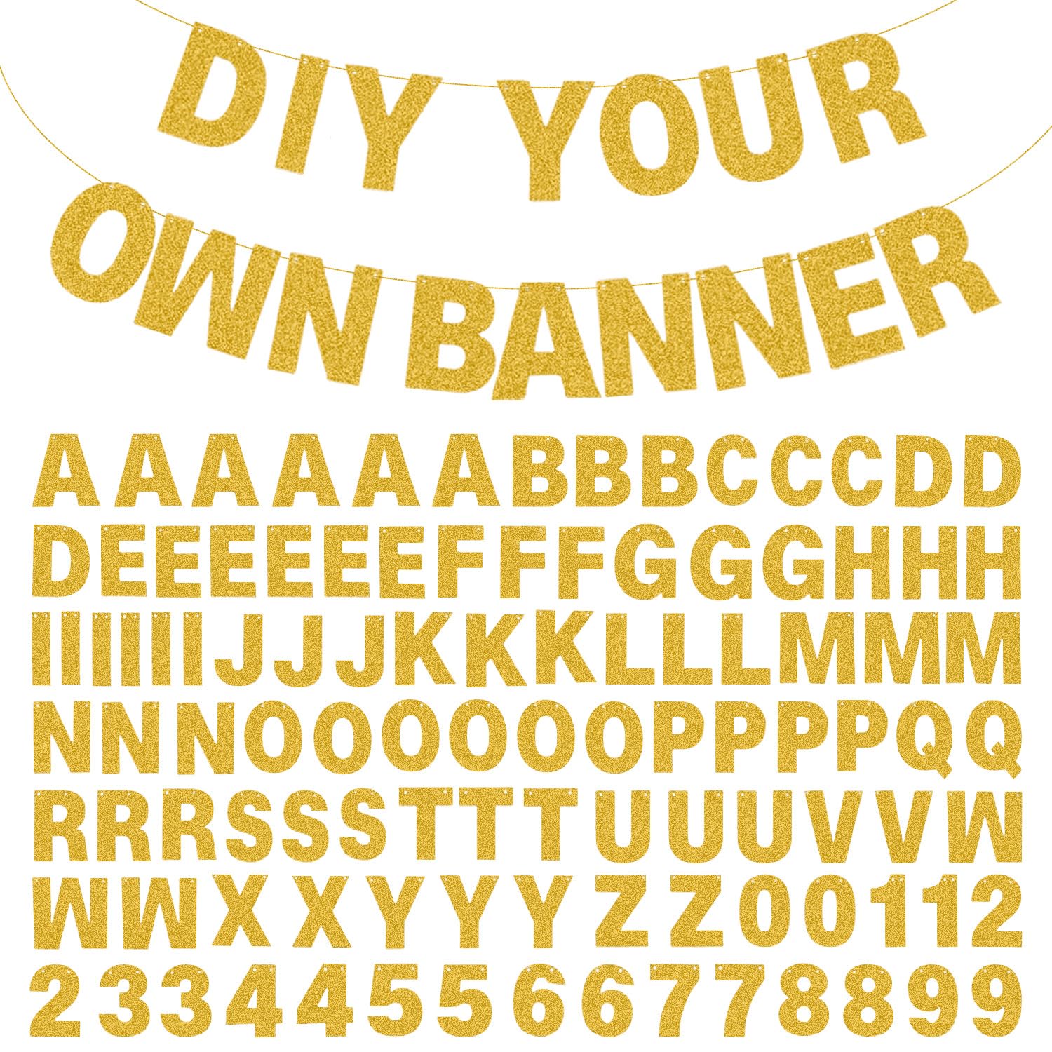 Photo 1 of 107 Pieces Glitter A-Z Letters and Numbers Banner – DIY Custom Alphabet and Number Garland Kit for Birthday, Wedding, Graduation, Baby Shower, New Year and Party Decorations (Gold)