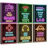Framed Gamer Room decor, Printed Neon Canvas Video Game Decor, Gaming Wall Art for Boys Bedroom Gamer Game Room Boys Room (Set of 6, 8x10 inch, Framed)