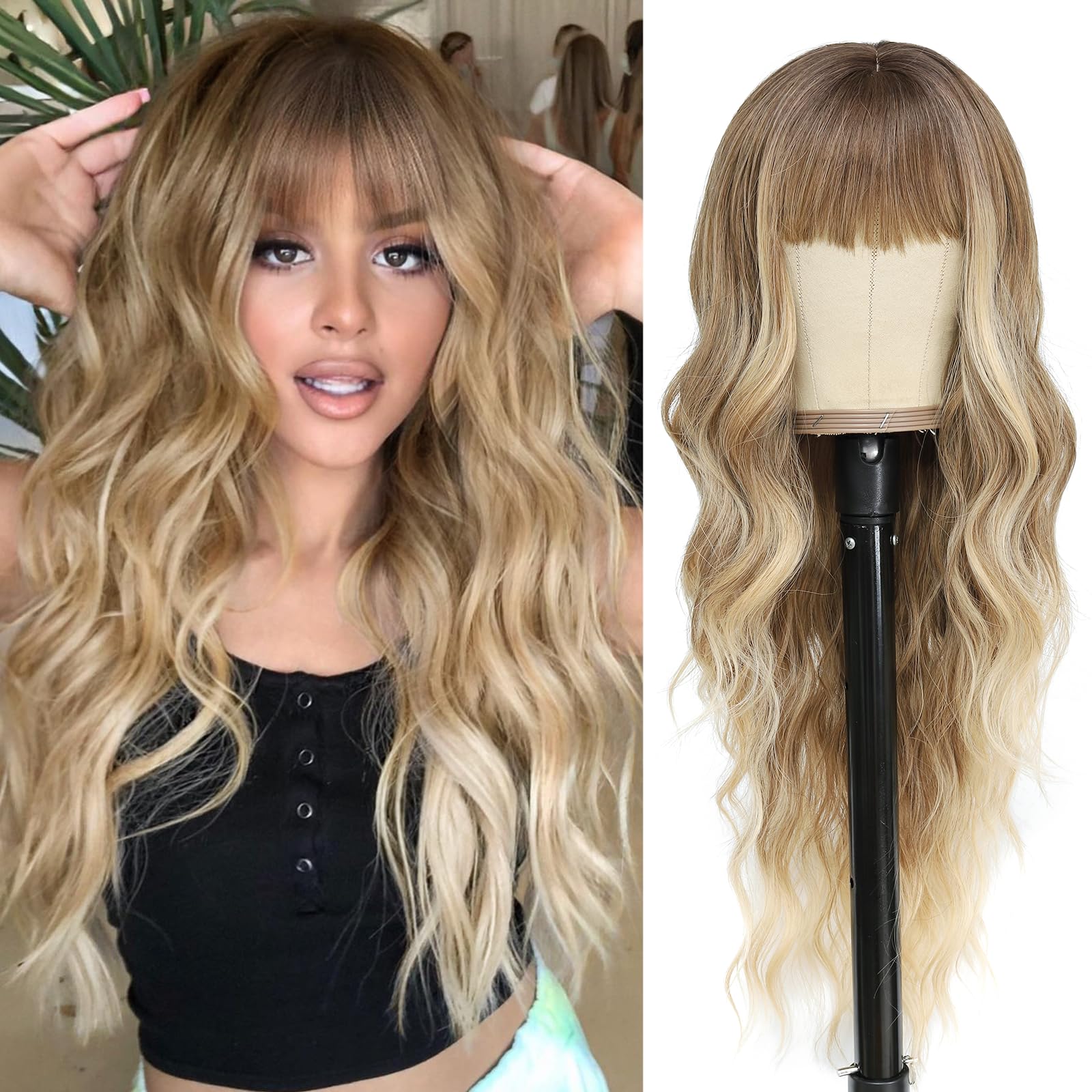 Photo 1 of NAYOO Blonde Wigs with Bangs for Women Long Curly Wavy Hair Wigs Heat Resistant Synthetic Fiber Wigs for Daily Party Use 26 Inches (Ombre Blonde)