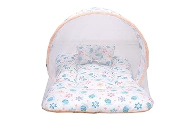 Baby Fly Babys Mosquito Net Bed with Pillow (0-12 Months, Peach and White Colour)