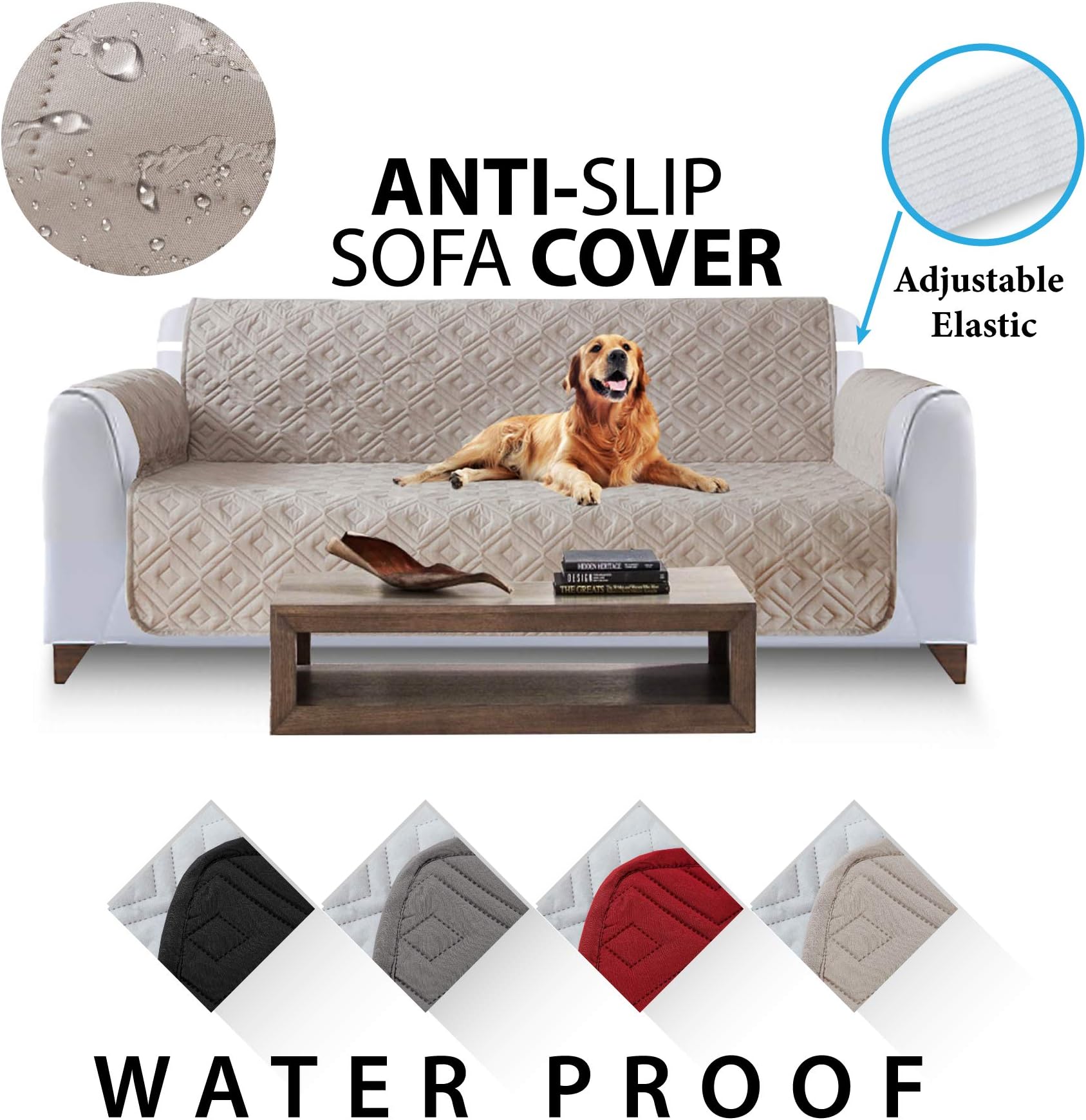 Hafaa Sofa Slipcover 3 Seater Microfiber Quilted, Couch Protector Water Repellent Fabric Anti-Slip with Elastic Straps (Beige, 3 Seater)