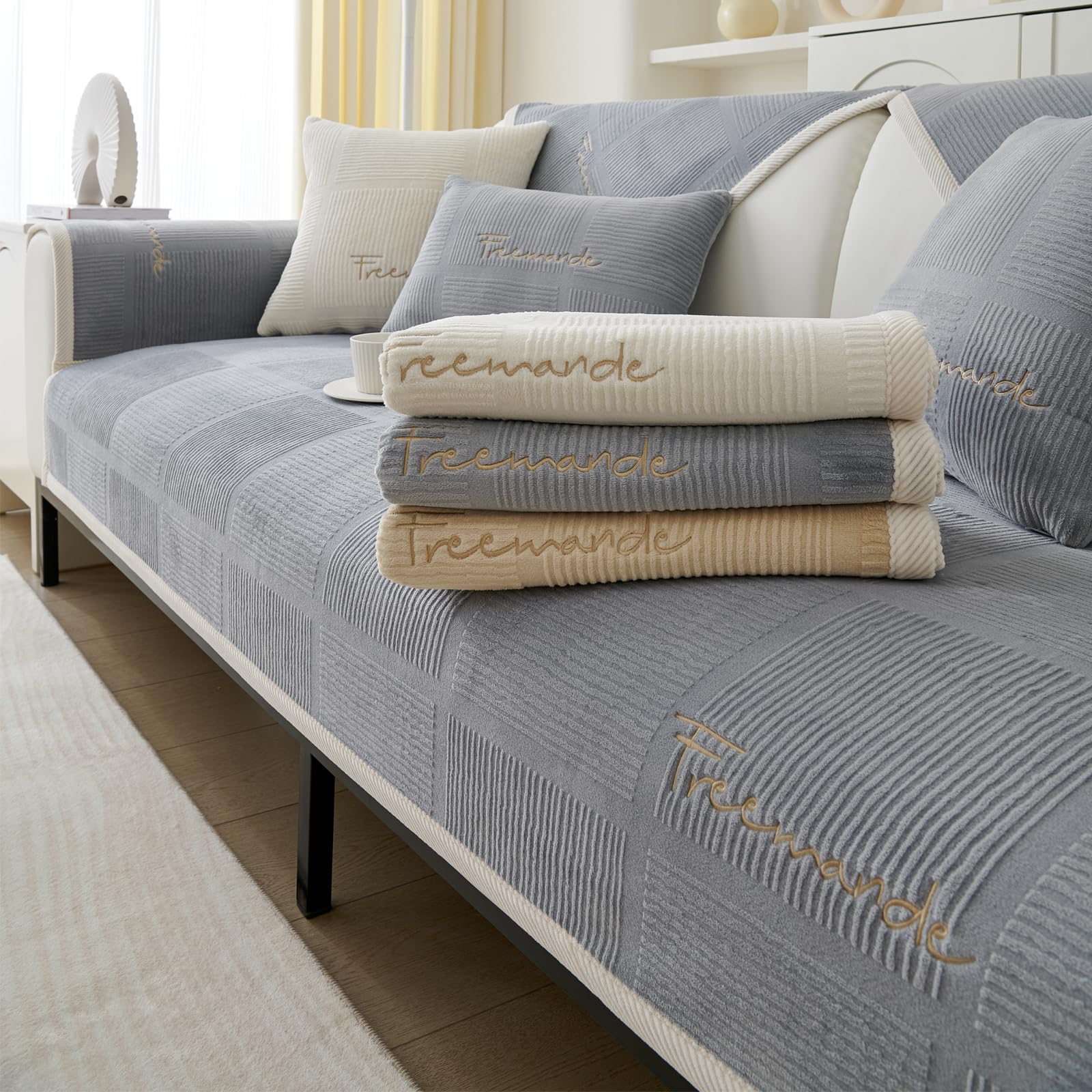 Topchances Sofa Slipcovers 2/3/4 Seater,Non Slip Sofa Cover for Dogs All-Seasons Sofa Wrap with Non-Slip Silicone Particles Apply to Living Room Dogs Cat Pet(Milky Velvet Grey,90x90cm 1PCS)