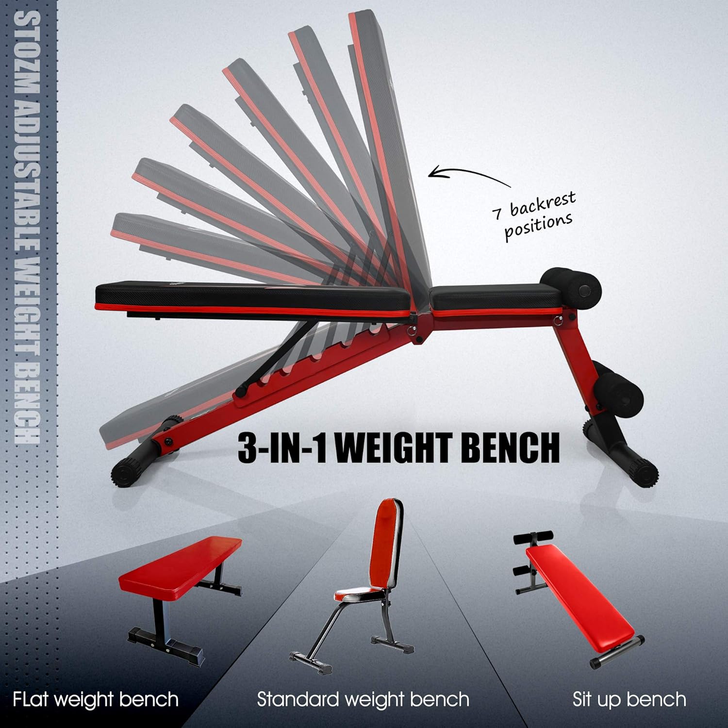 STOZM Adjustable Weight Bench / Utility Weight Bench with Foldable Design - Multi-purpose Flat/Incline/Decline Bench for Home Gym (Crimson), CVHZ: Sports & Outdoors