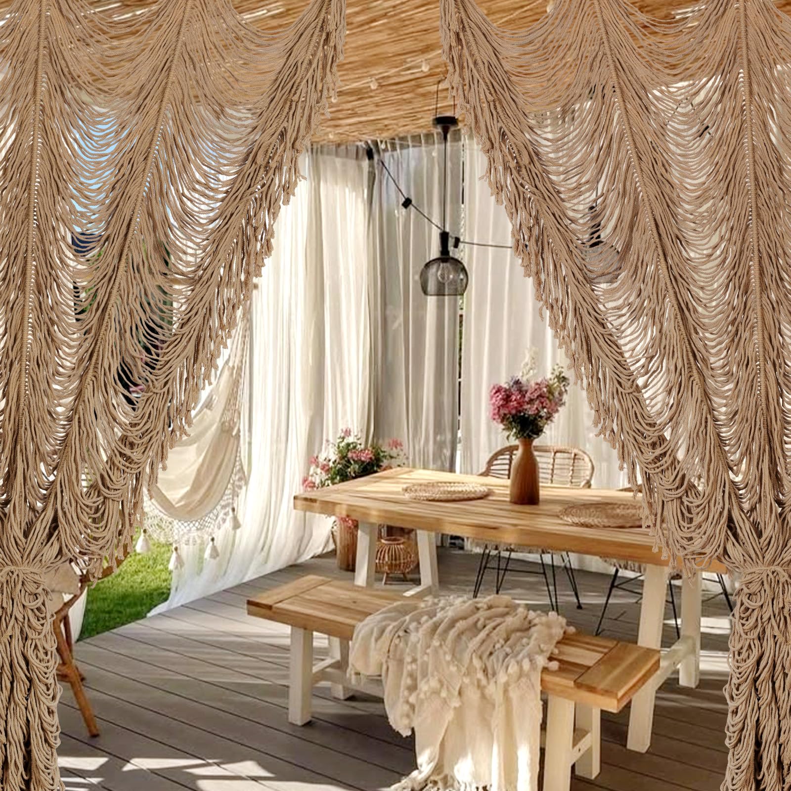 Photo 1 of Macrame Boho Handmade Curtain, 2 Panels Tassels Doorway Window Wall Decor, 100% Cotton Art Craftsmanship Room Divider Wall Hanging for Bedroom, Living Room, Wedding, 75" L x 59" W Khaki