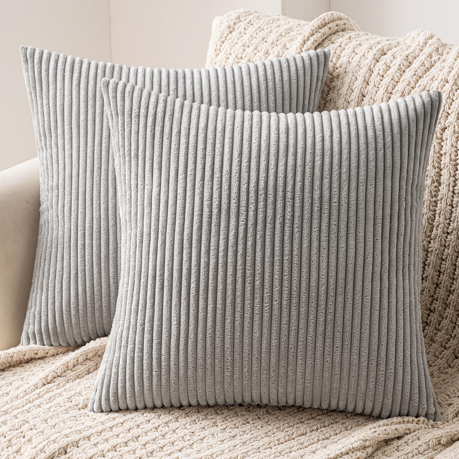 MIULEE Striped Corduroy Fabric Square Throw Pillow Case,Solid Cushion Cover Sham Home for Sofa Chair Couch/Bedroom Decorative Pillowcases Light Grey 26"x26" 2 Pieces