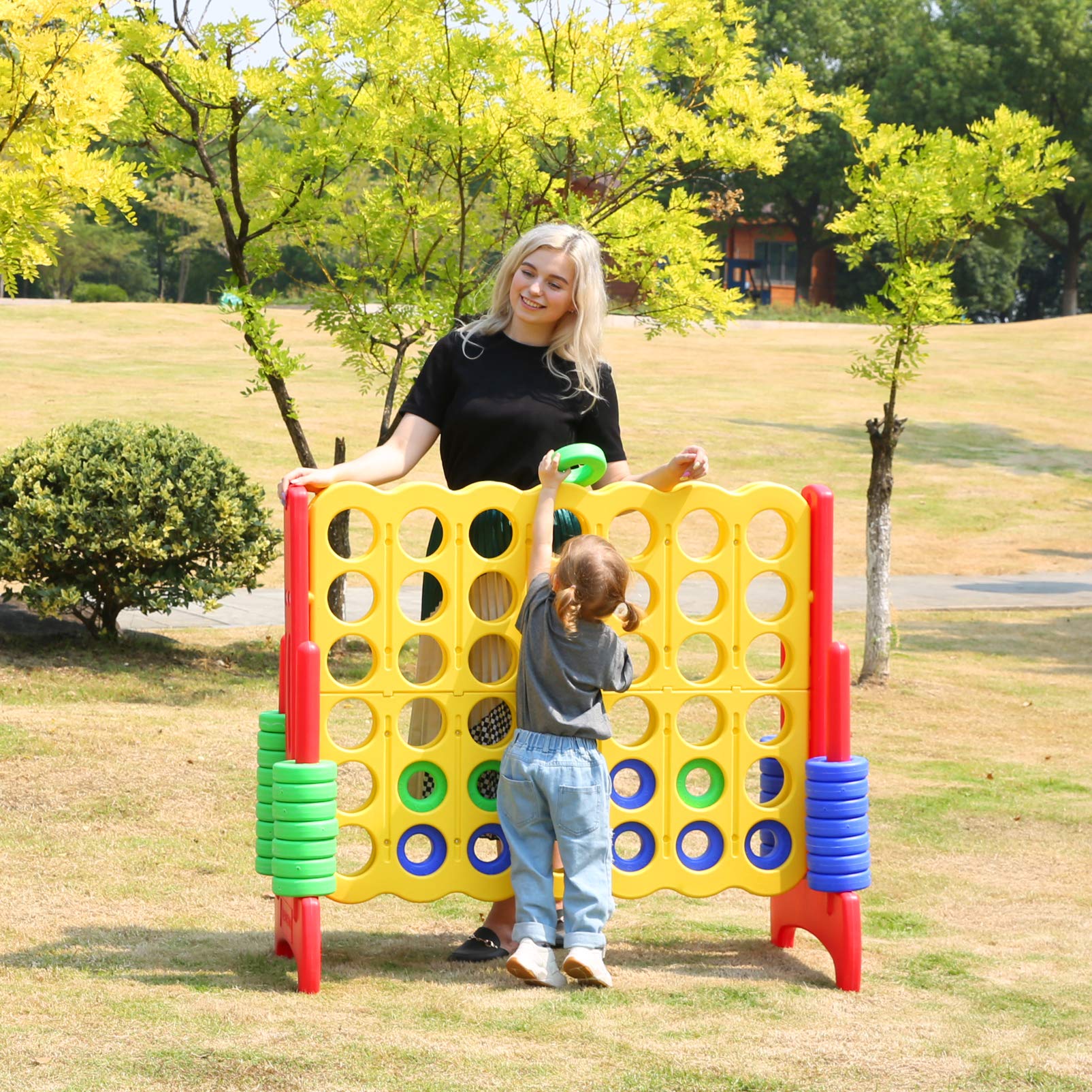 UNICOO - Giant 4 in a Row Game, Jumbo 4-to-Score Giant Game Set, Backyard Games for Kids, Indoor or Outdoor Game, Adult and Family Fun Game, 4 Ft Tall with Carry and Storage Bag – Red and Yellow