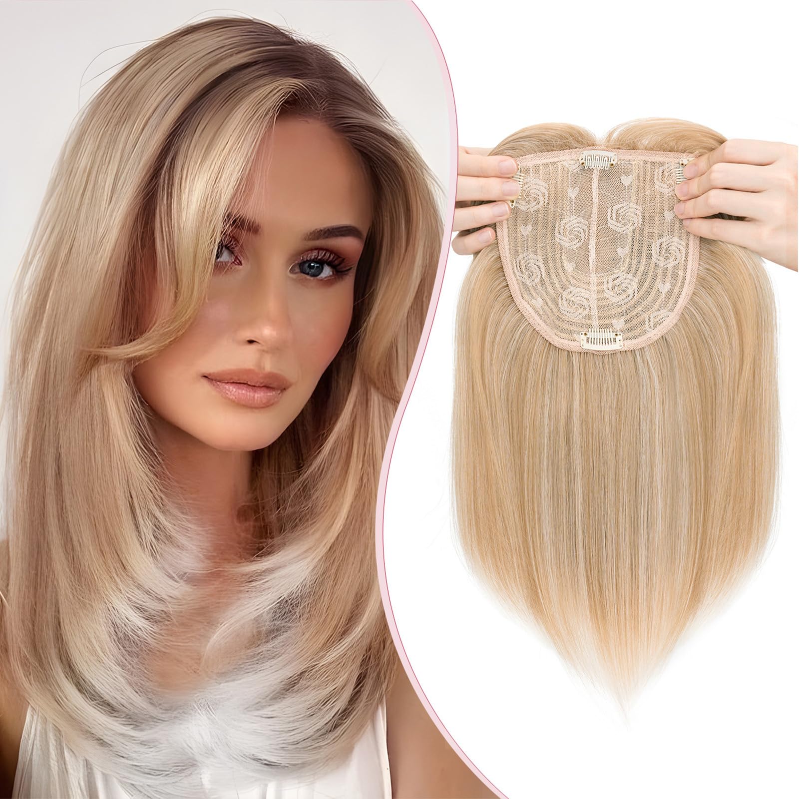S-noilite Hair Toppers for Women with Thinning Hair 14 Inch Toppers Hair Pieces Women Wiglets with Fringe Bangs 6"x6" Lace Base Clip in Synthetic Hairpieces,Straight Mixed Blonde to White Root