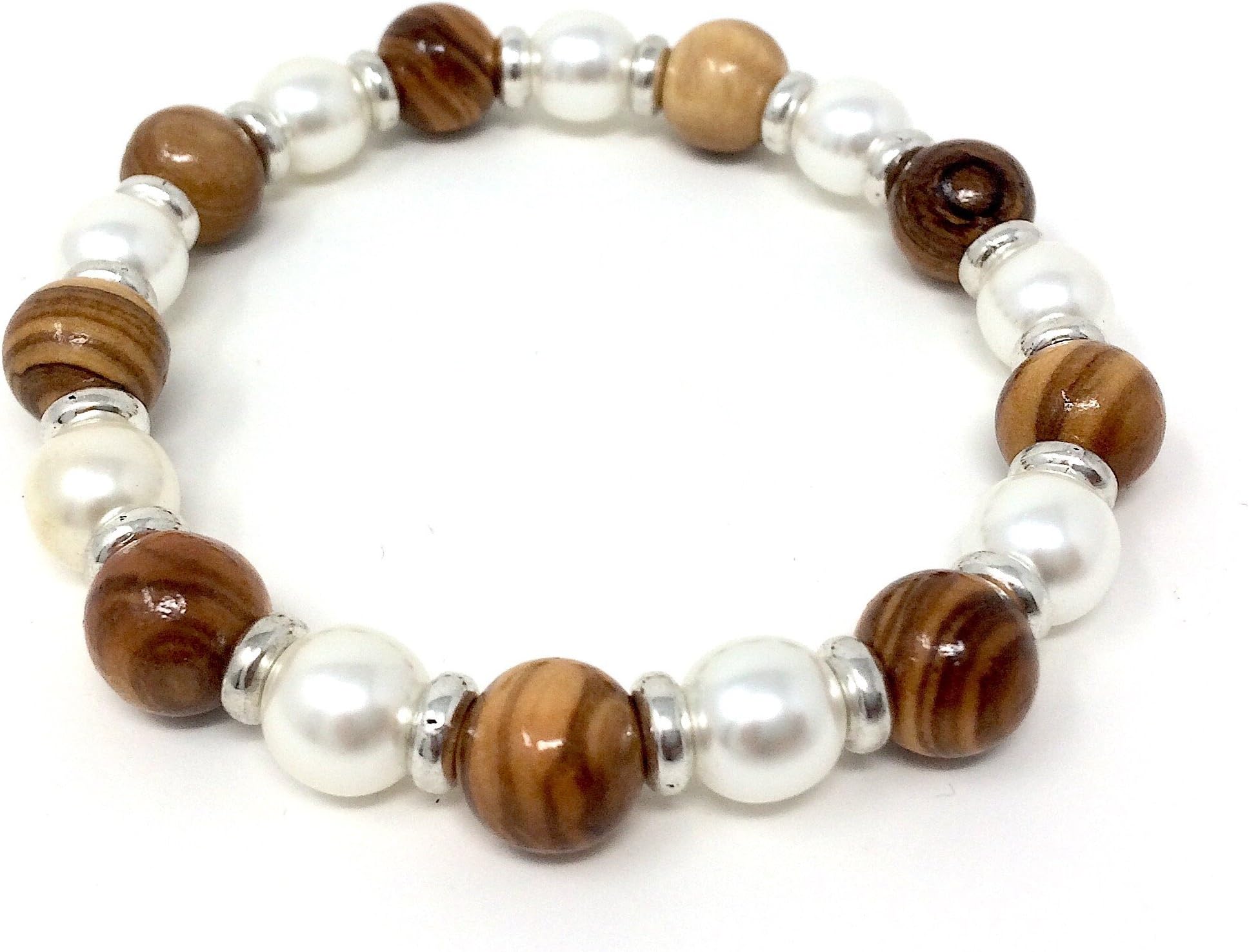 Bracelet made of olive wood beads (10mm) and Mallorcan art beads (9mm) with metal rings - handmade in Mallorca - bagusto