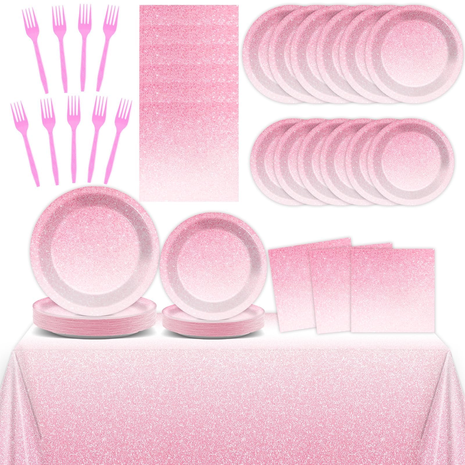 Photo 1 of 98 Pcs Ombre Pink Party Supplies - Gradient Pastel Pink Tableware Set - Plates, Table Covers, Dinnerware for 24 Guests - Wedding, Birthday, Anniversary Decorations