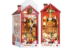 TuKIIE DIY Book Nook Miniature Kit, Booknook Dollhouse Bookshelf Insert with Sensor Light, Dust Proof & Music Movement, Wooden Decorative Bookend Stand Model Kit for Kids Teens Adults(Winter Snowman)