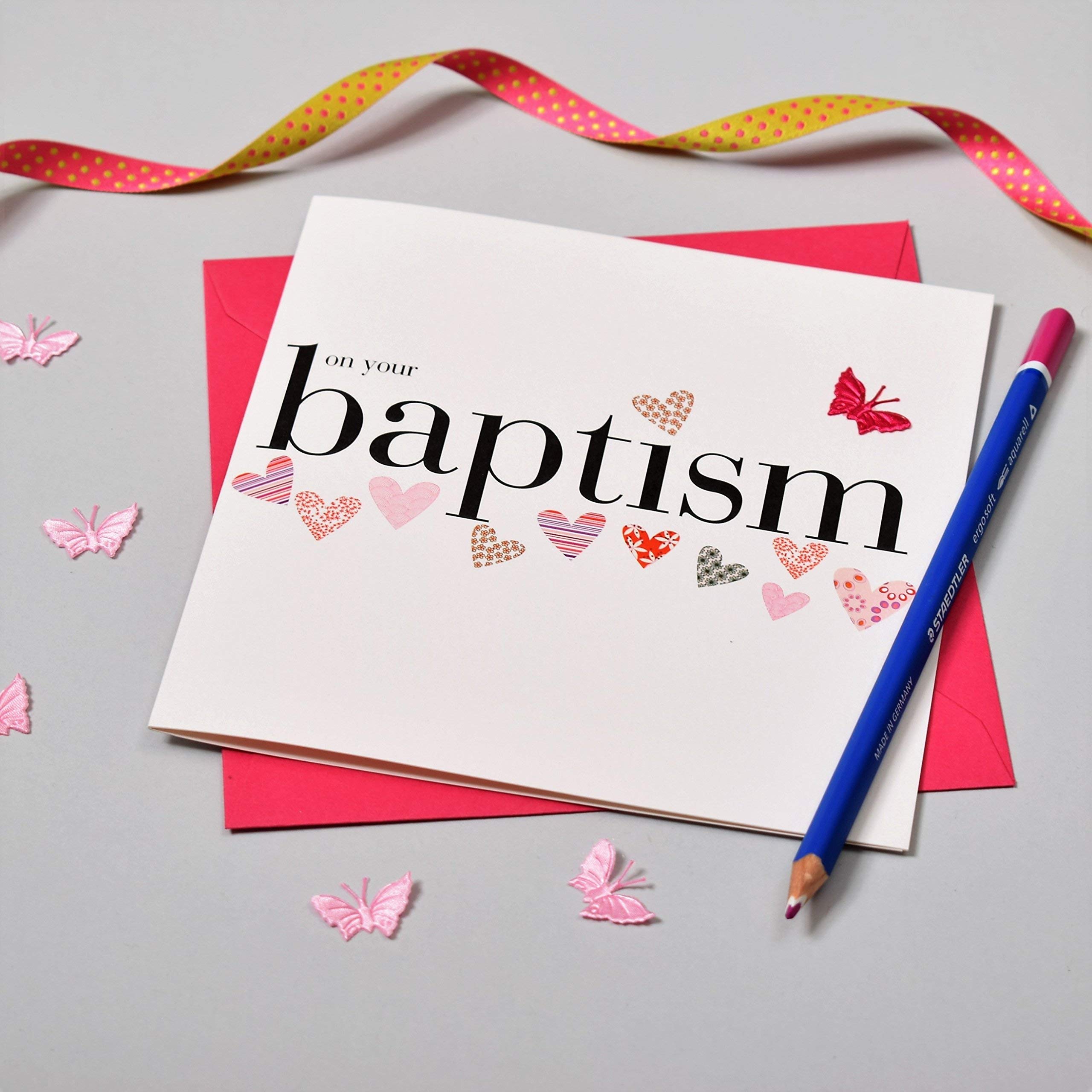 Claire Giles Greeting Cards, Baby Baptism Card, Pink Hearts design On Your Baptism, Embellished with a Fabric Butterfly