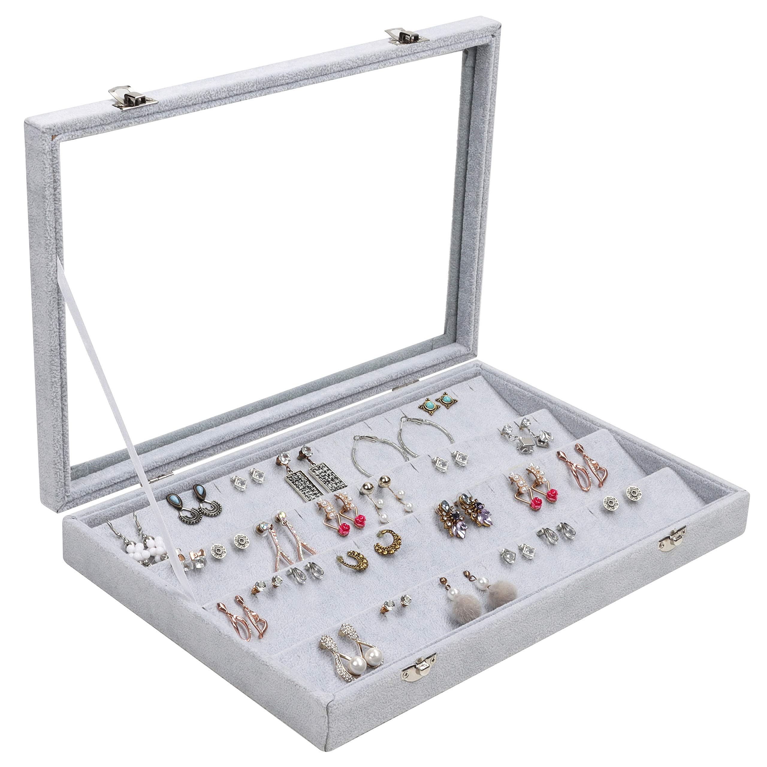 BELLE VOUS Grey Velvet Earring Display Tray Case Box with 40 Slots and Lid - 4 Tier Earring Jewellery Showcase Organiser Holder with Clear Transparent Glass Window For Stud Earrings