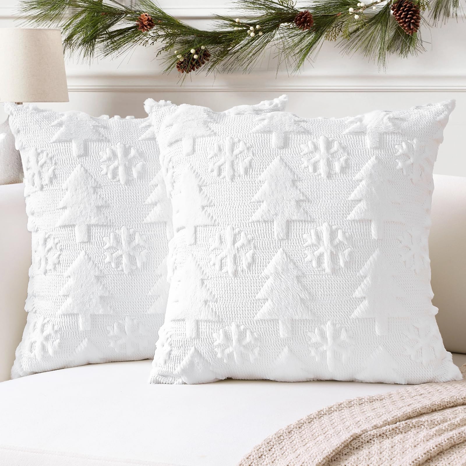 Artscope Set of 2 Xmas Soft Plush Short Wool Velvet Decorative Cushion Covers 60x60cm Square Luxury Style Throw Pillow Covers Pillow Shell for Sofa Bedroom Christmas Tree and Snowflake White