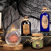 HOHUCRAB Halloween Decoration Potion Bottles – 4 Glass Jars 10 Labels Witch | 4 glass jars + 10 vintage labels for creepy potion displays on tables mantels shelves or kitchen counters with haunted charm