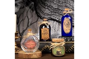 HOHUCRAB Potion Bottles Halloween Decoration, Set of 4 Glass Potion Bottles with Corks and 10 Halloween Bottle labels, Halloween Tiered Tray Decor, Halloween Decorations Indoor