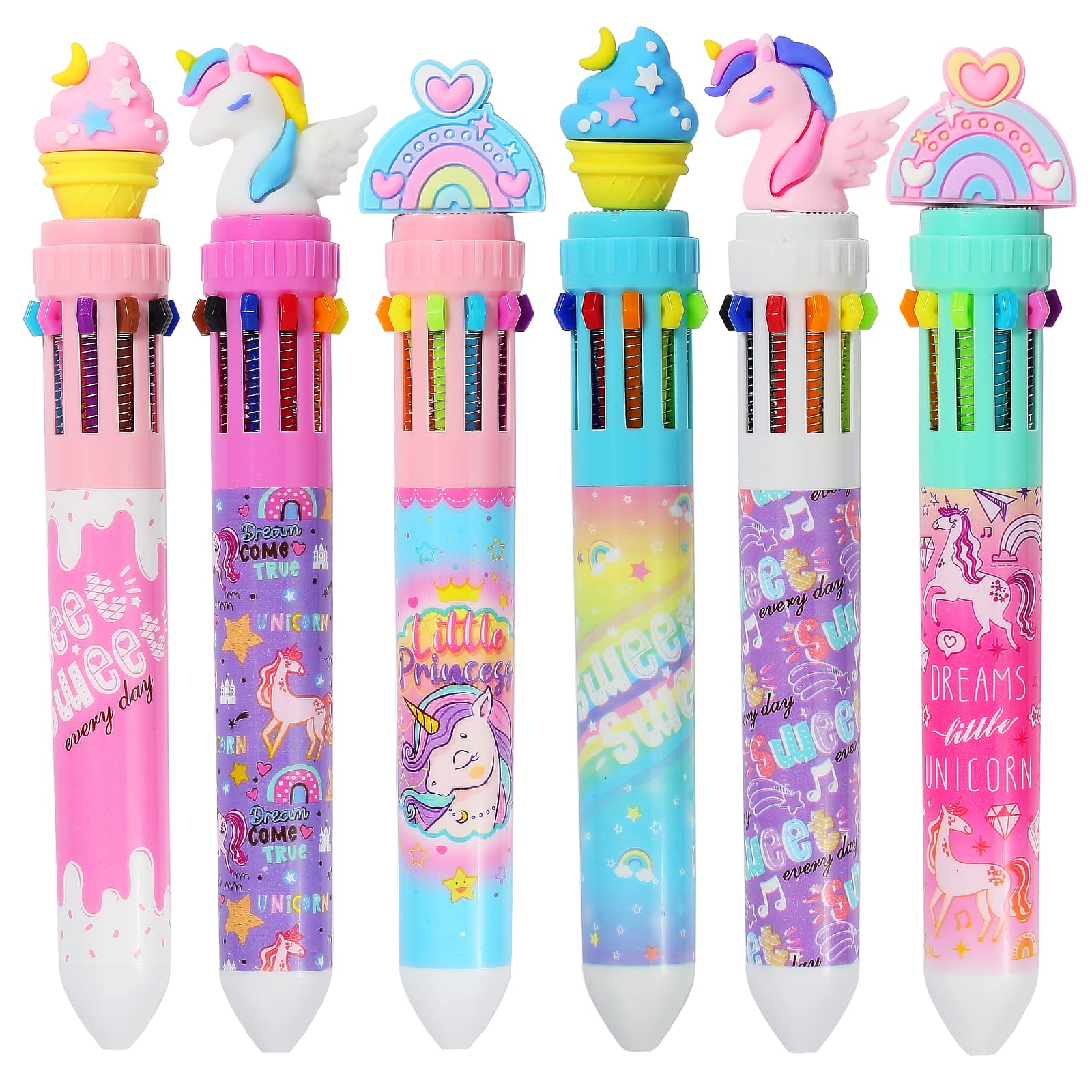 Pinkgarden Multicolor Retractable Ballpoint Pen, 10-in-1 Colored Cartoon Unicorn Ballpoint Pens for Office School Supplies Students Children Gift, 0.5mm Refill, 6 Pack — image 1