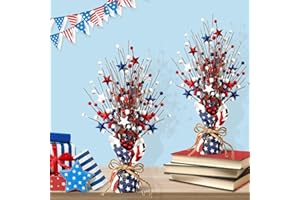 KENBURG 2 Pack 4th of July Artificial Tree Tabletop Decor Red Blue White Patriotic Tree America Flag Burlap Base Decor Patriotic Table Tree with Artificial Berry Stem Picks for Independence Day Home Party